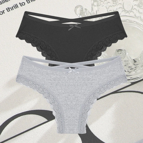 2PCS Cotton Panties for Women Sexy Lace Brazilian Briefs Female Low-Waist Cross Webbing Underpants Stretch Breathable Intimates