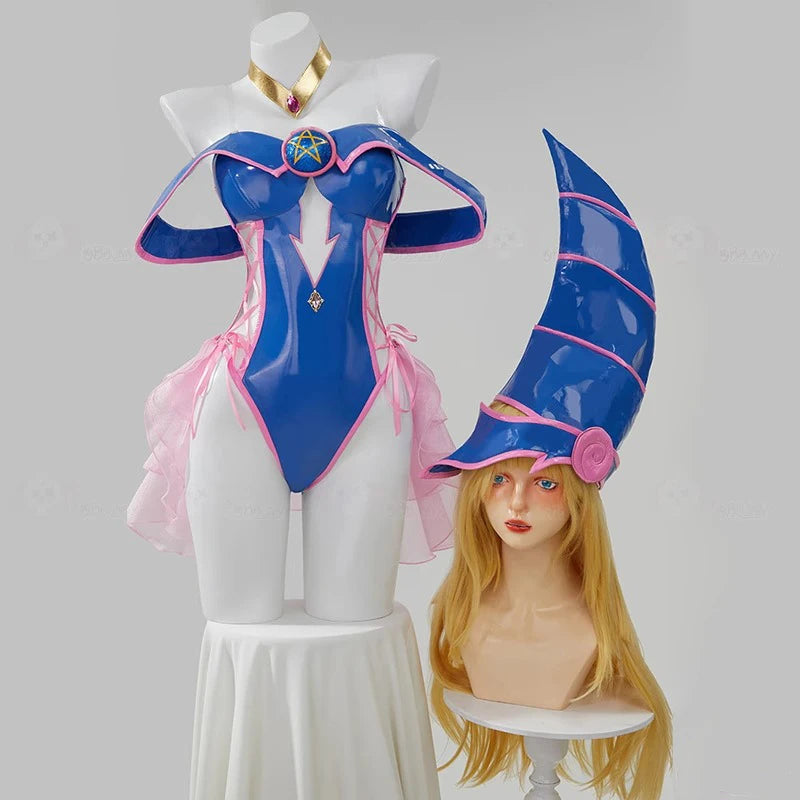 Anime Dark Magician Girl Mana Cosplay Costume Women Sexy Leather Bodysuit Hat Suit Bunny Girl Uniform Halloween Carnival Clothes