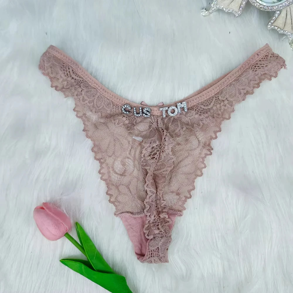 Sexy Custom Thong Name Lace String Customized Women Name Thong Crystal Letters Underwear Personalized Gift for couple