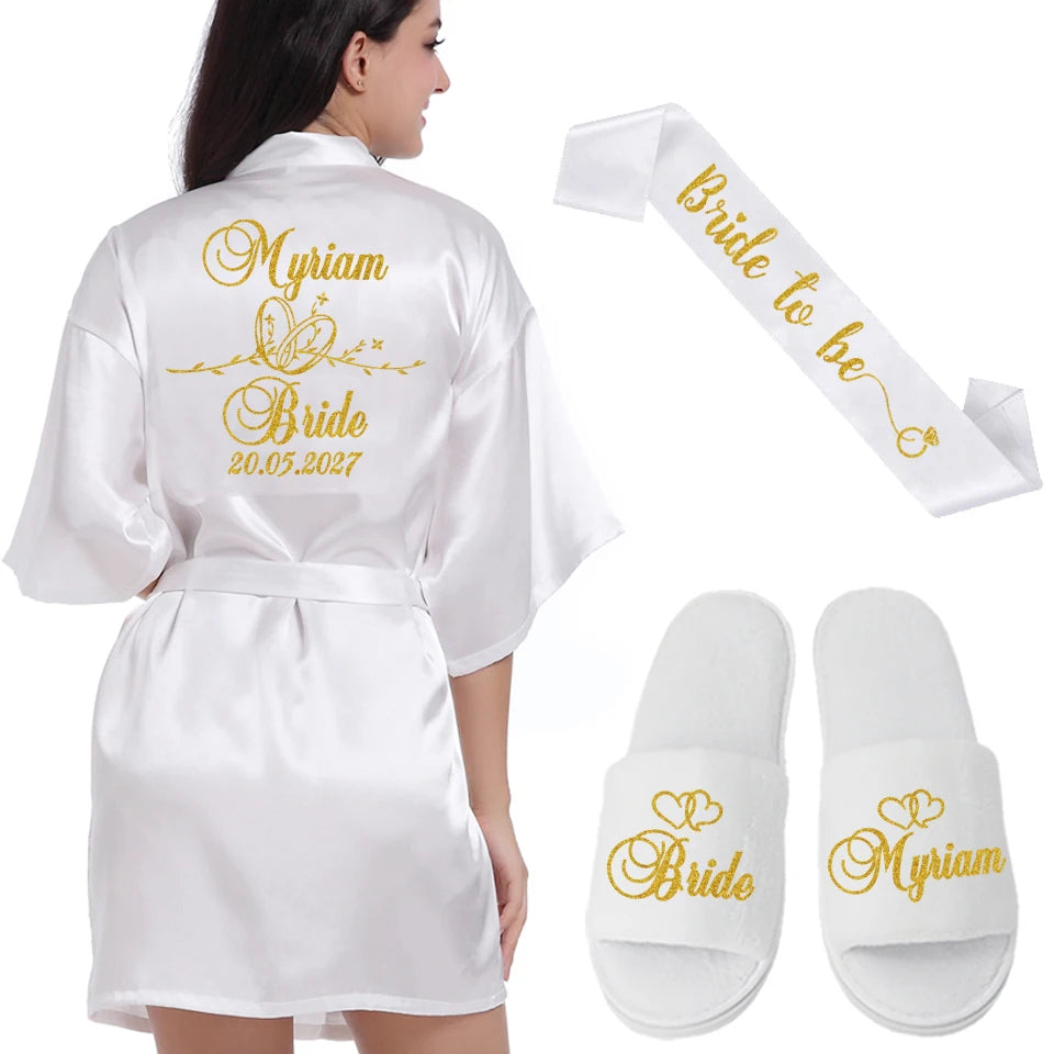 Customized Logo Wedding Date Name Bathrobe Faux Silk Bridal Robe Bride Bridesmaid Wedding Robes Woman Bachelorette Preparewear