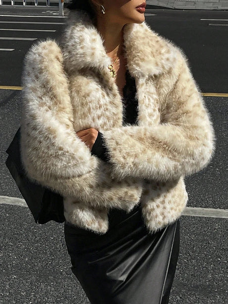LIMO Women Lapel Leopard Print Faux Fur Jacket Cropped Fluffy Plush Open Front Outerwear