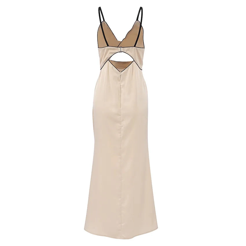 Black Satin Knot Hollow-out Straps Long Dress French Style Sexy Sleeveless Slit Women Summer Dress Lady Evening Party Gowns