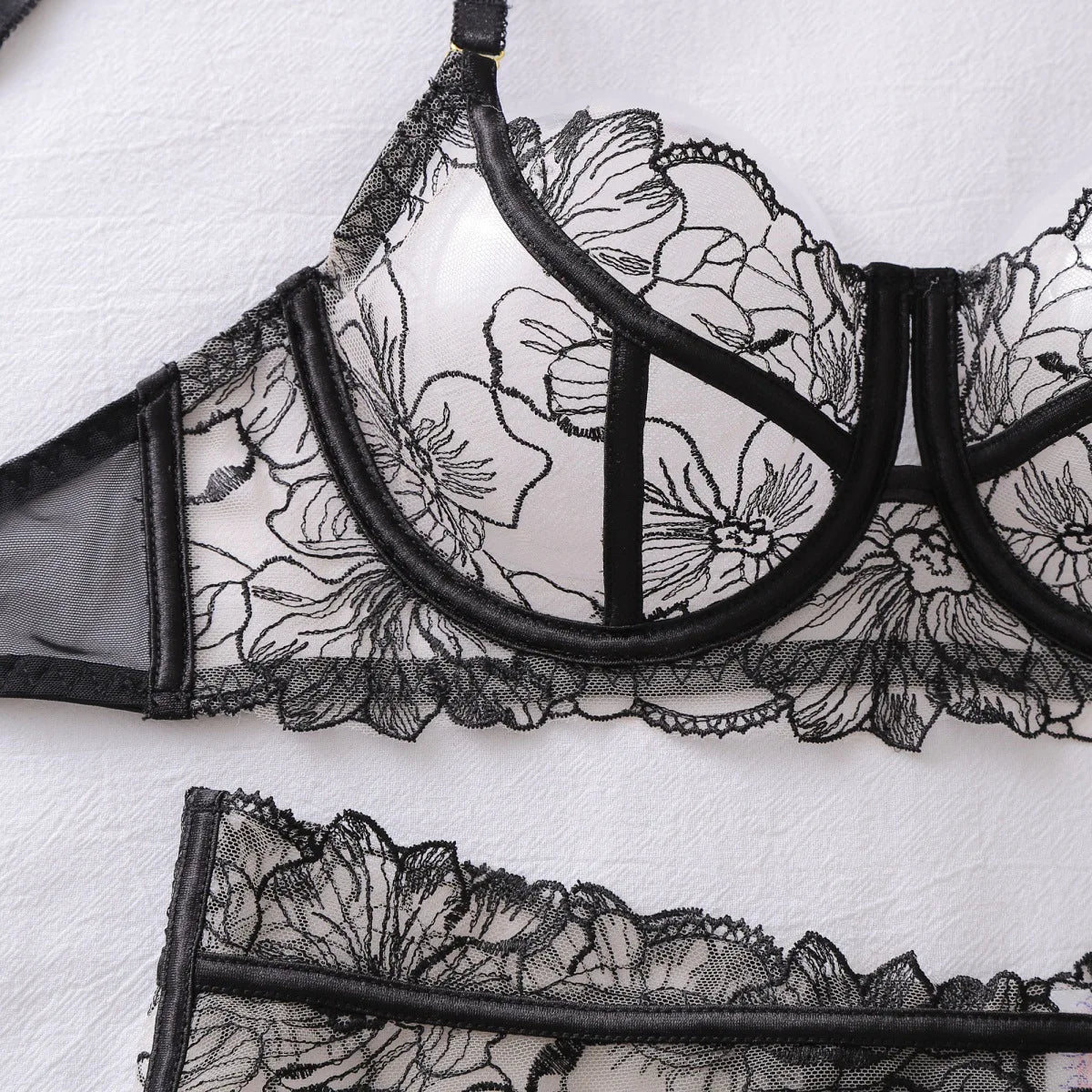 Ellolace French Women's Lingerie Fantasy Embroidered Bra Belt Thong with Leg Circles Elegant Floral Romantic Cute Miss Underwear