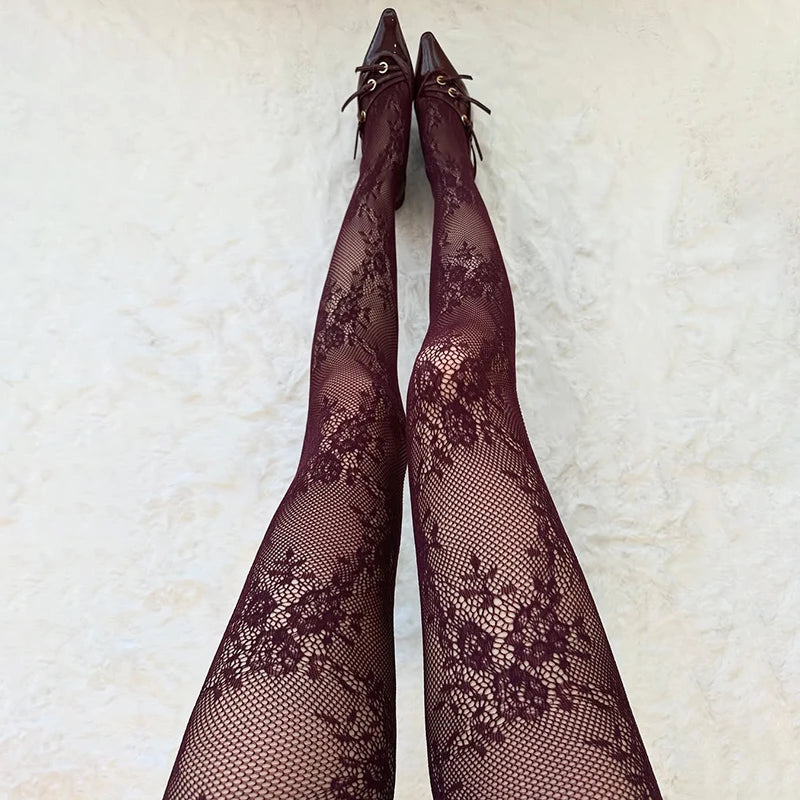 Cute Lolita Tights Women Sexy Lace Floral Thigh High Stockings Pantyhose Lingerie Hosiery Mesh Fishnet Stockings Women Tights