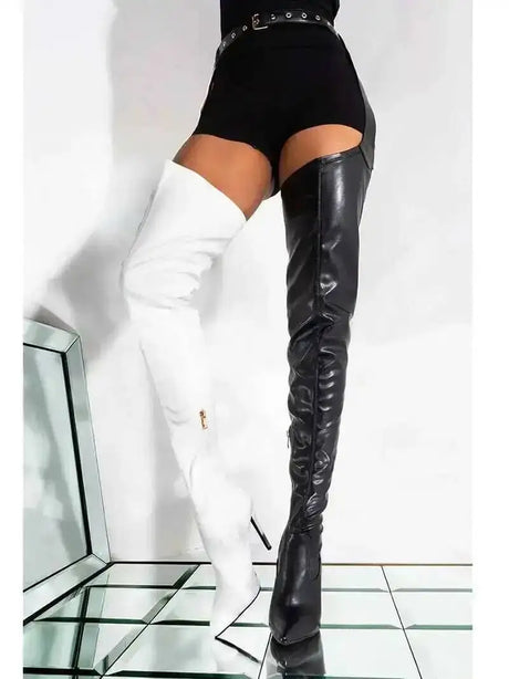 White Sexy Stiletto Heel Belt Buckle Over The Knee Boots Big Size 41-46 Pu Leather Thigh High Boots Shoes
