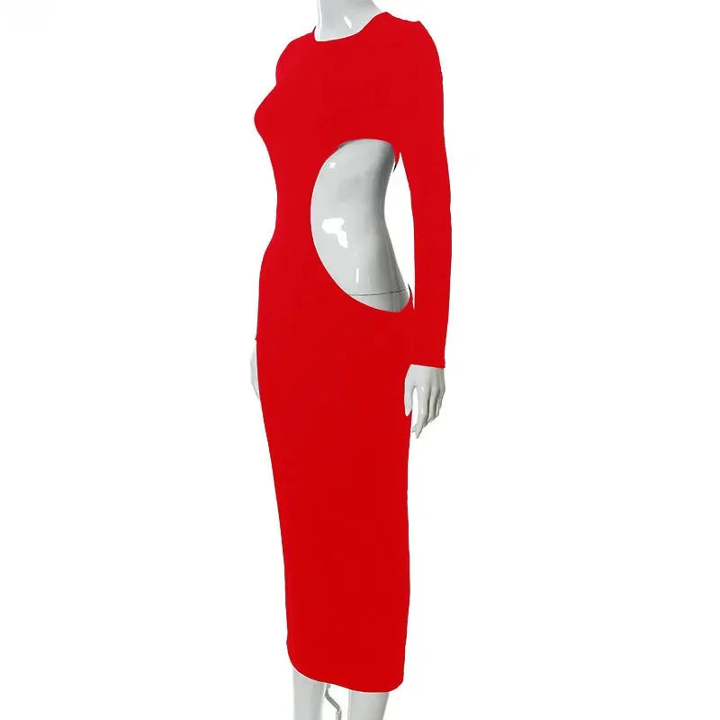 2025 Women's Solid Color Long Sleeve O-Neck Sexy Hollow Out Long Dresses Club Party Dress Sexy Vestidos Plus Size XXXS-3XL XXL