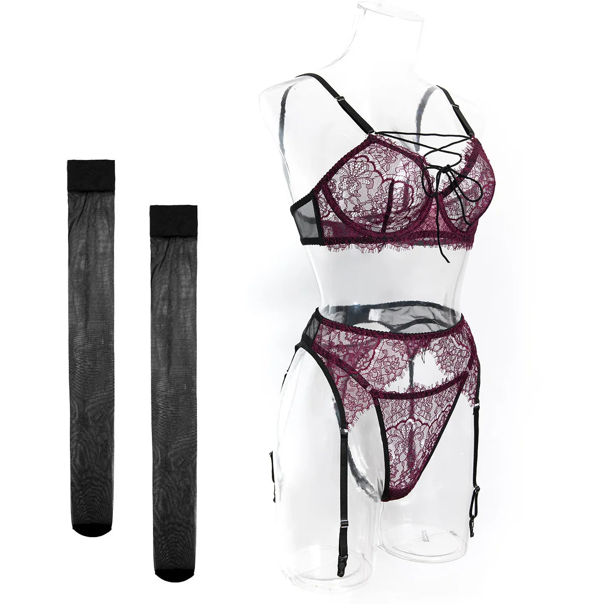 Women's 4-Piece Sheer Lace Lingerie Set Crisscross Strap Bra Garter Belt Long Socks Seductive Intimate Underwear