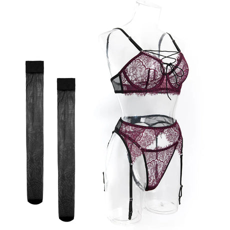 Women's 4-Piece Sheer Lace Lingerie Set Crisscross Strap Bra Garter Belt Long Socks Seductive Intimate Underwear