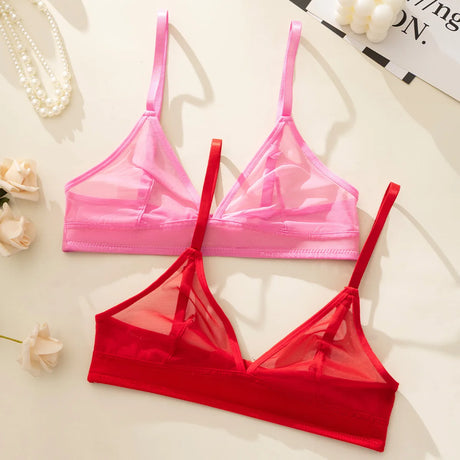 Sexy Transparent Ladies' Brassiere Three-piece Women's Bra Small Bust Mesh Lingerie Ultra-thin Triangle Double Shoulder Straps