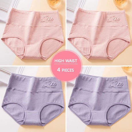 Plus Size M-5XL 4Pcs/Set High Waist Cotton Panties Women Body Shaper Underwear Soft Print Girls Briefs Slimming Female Lingerie