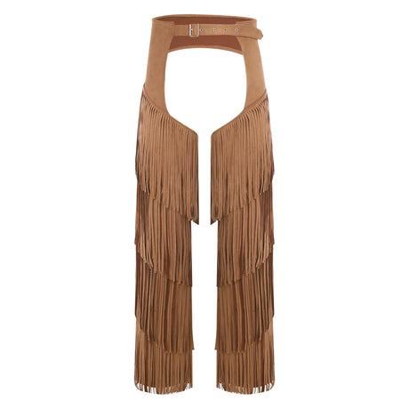 Mens Western Cowboy Chaps Fuax Suede Tassel Hollow Out Open Crotch Long Pants Adjustable Buckles Waist Motorcycle Biker Trousers