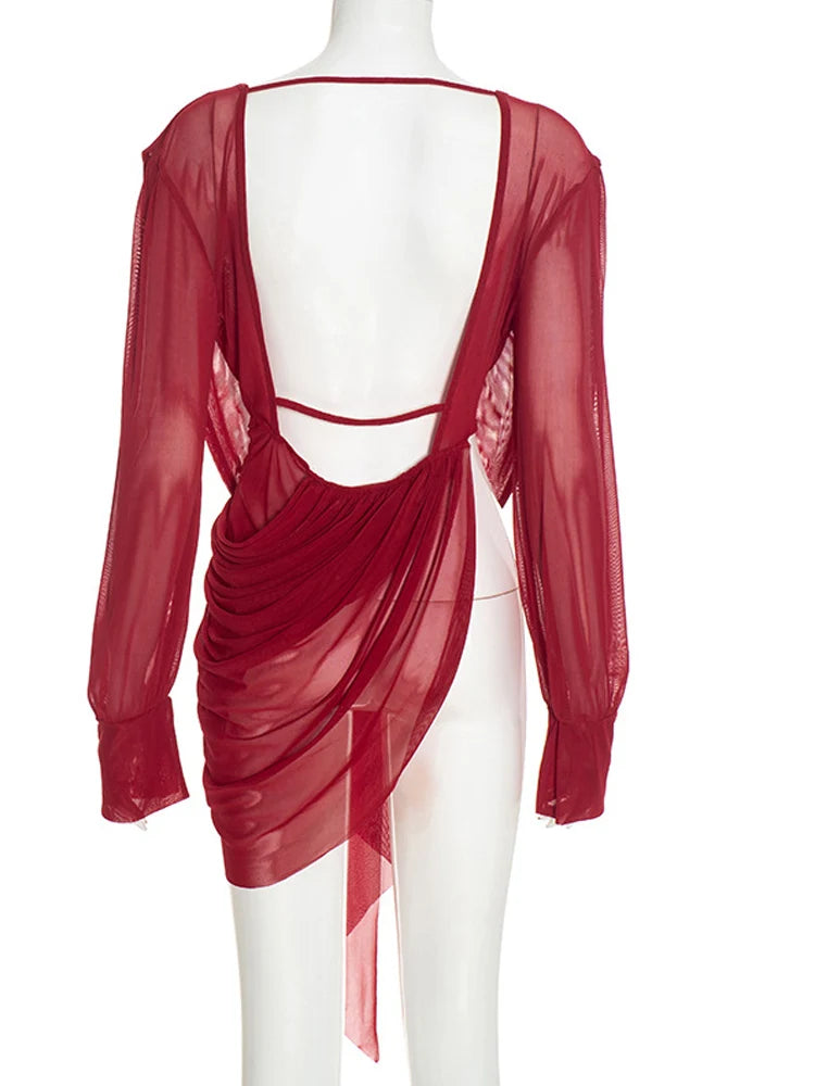 Beyprern Chic Y2K Aesthetic Plunging Neckline Mesh Top Female Draped Asymmetrical Long Sleeve Cover Up Blouse Night Out Clubwear