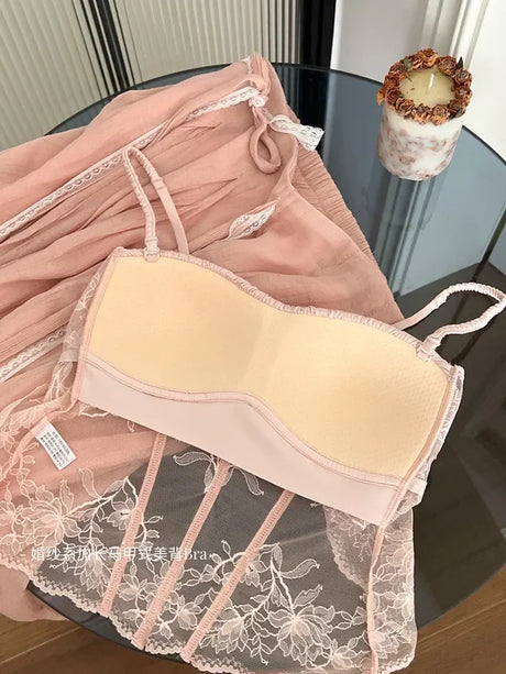 Women Elegant French Longline Lingerie, Lace Satin Wireless Bra, Push Up Sexy Open Back, Luxury Bridal Underwear Fit Small Bust