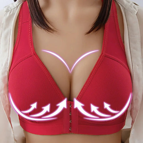 Women's Bra Wire-Free Front Closure Solid Color Full Coverage Fixed Cups Push up Brassiere Gather Bra Shockproof Underwear
