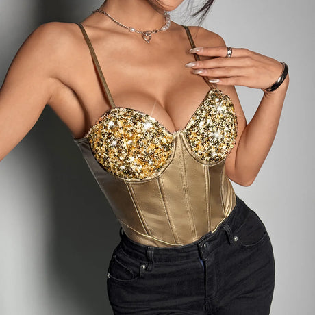 Sleeveless Spaghetti Strap Summer Sequin Underwire Satin Bodysuit Women 2026 Streetwear Sexy Club Outfits One-piece Body Top