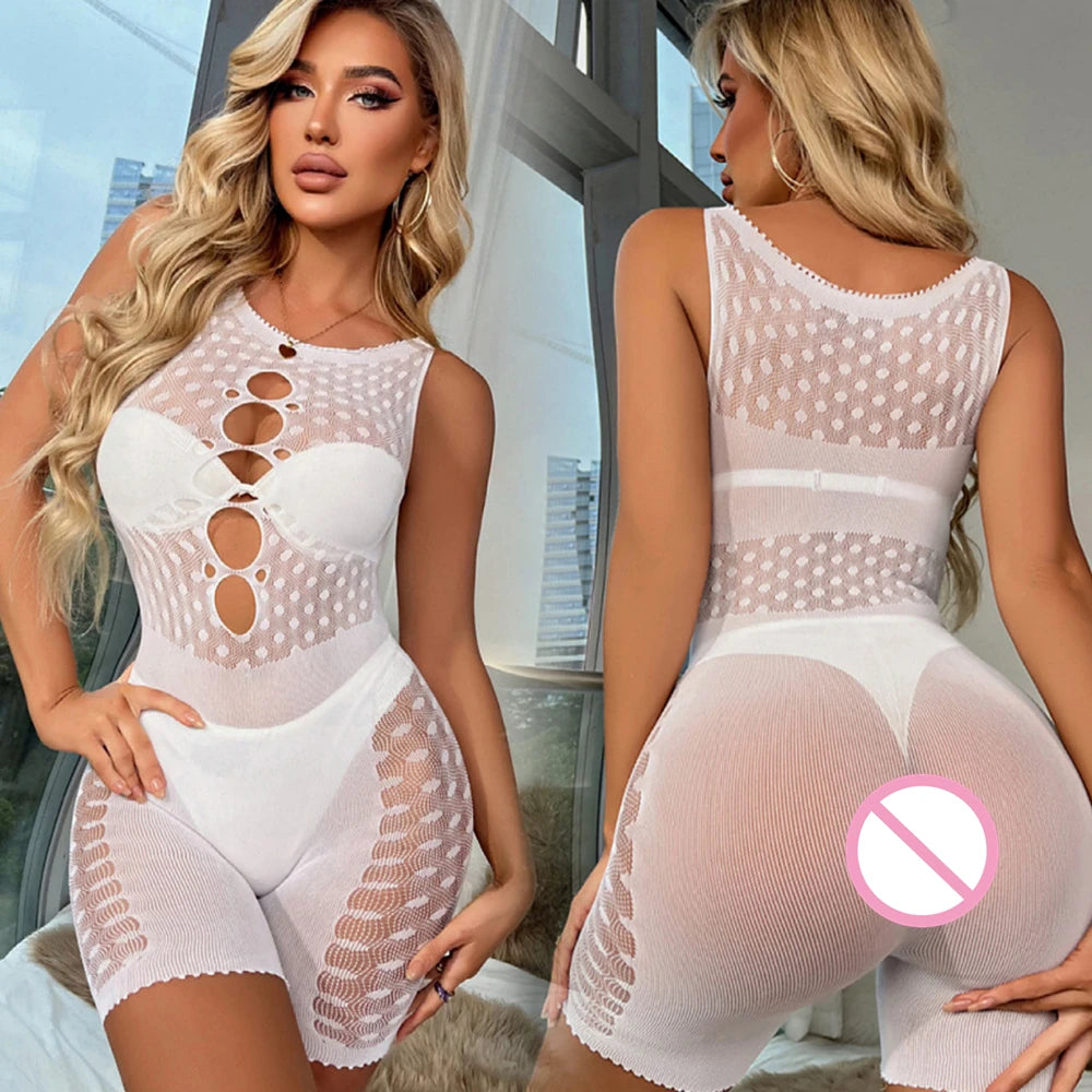 New Fishnet Bodysuits One-piece White Jumpsuit Erotic Exotic Mesh Full Body Stockings Clothing Hot Midnight Party Club Wear
