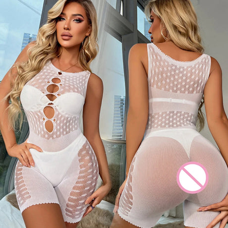 New Fishnet Bodysuits One-piece White Jumpsuit Erotic Exotic Mesh Full Body Stockings Clothing Hot Midnight Party Club Wear