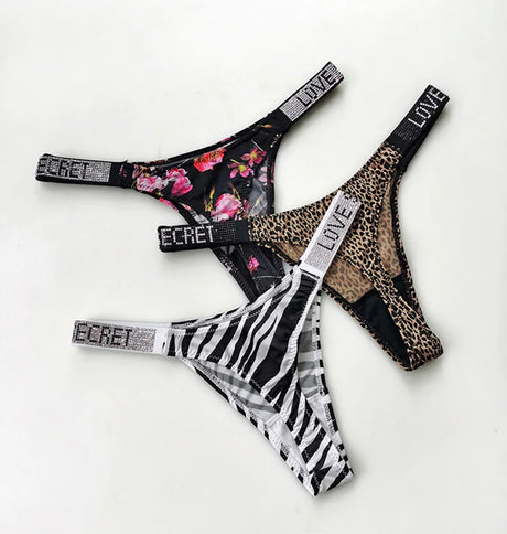 5Pcs Low Waist Sexy Panties Women Thongs Rhinestones Letter Diamonds G-string Sports Thong Shorts Briefs T-back Size S-XL