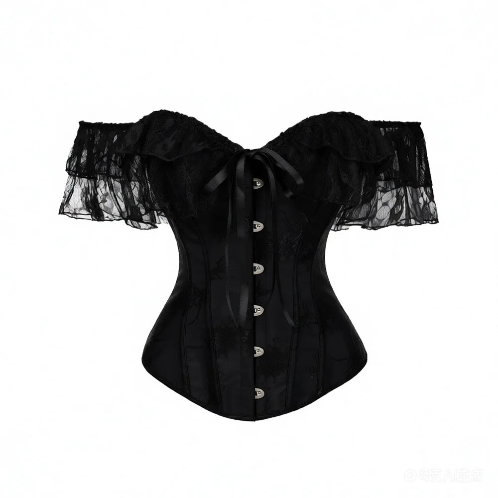 Women Sky Blue Retro Jacquard Corset Tops Lace Short Sleeved One Shoulder Sexy Slimming Shaper Overbust Bustiers Lingerie
