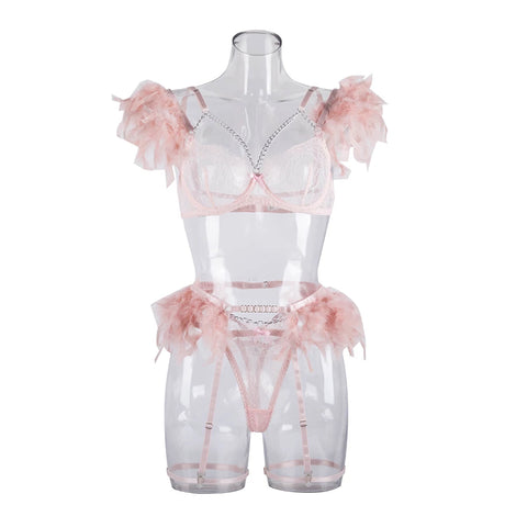 3-Piece Feather Decorated Lace Exotic Sets Women Sexy Patchwork Lingerie Set Chain Bra Panty Garter Underwear Kit For Female