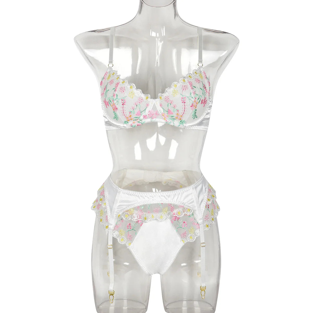 New White Floral Embroidery Fairy Lingerie Sets Transparent Mesh Patchwork Underwear Garter Intimate Panties Erotic Suits