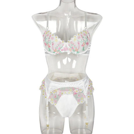 New White Floral Embroidery Fairy Lingerie Sets Transparent Mesh Patchwork Underwear Garter Intimate Panties Erotic Suits