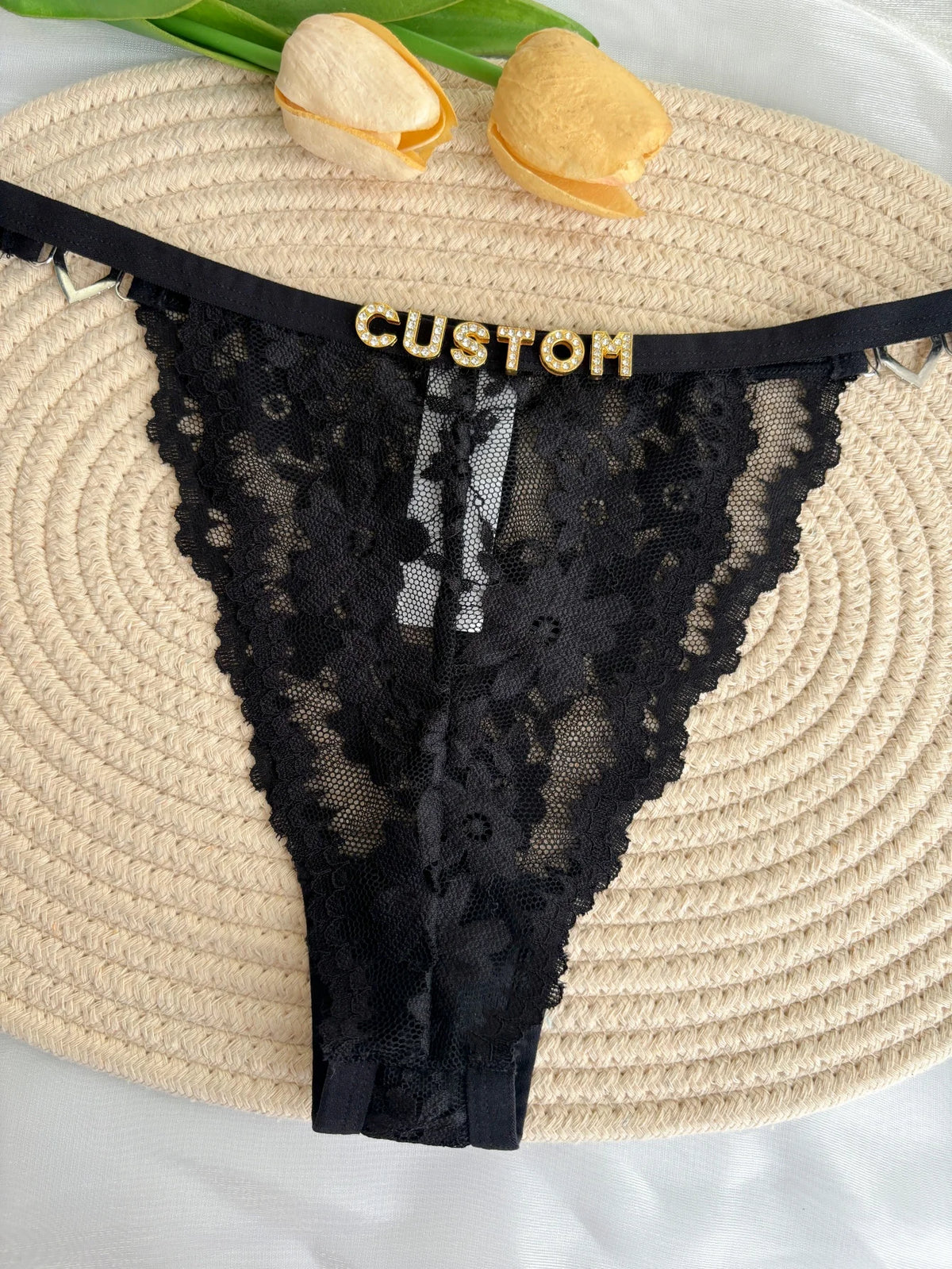 Custom Rhinestone Letter Name Text Sexy Lace Thong Panties Low Rise G-string Personalized Gift Wife Lover Anniversary Festival