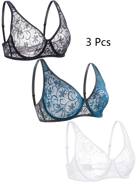 3 Pcs Women's Lace Bra Set Underwire Hollow out Embroidery Sexy plus Size Lingerie Tops Brassiere Underwear B C D E Cup