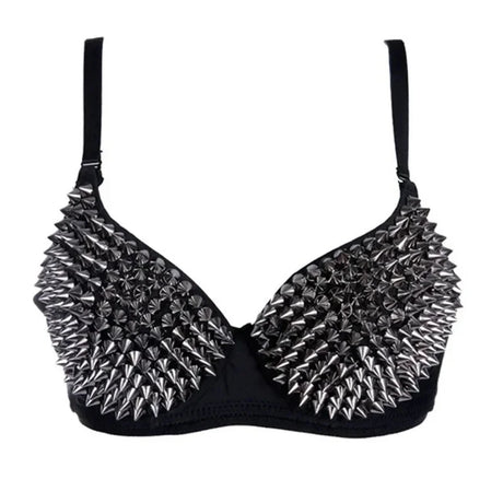 Silver Gothic Bra Top Rivets Punk Rave Bralette Lingerie Sexy Push Up Brassiere Nightclub Party Bar Hot Fashion Women Bras