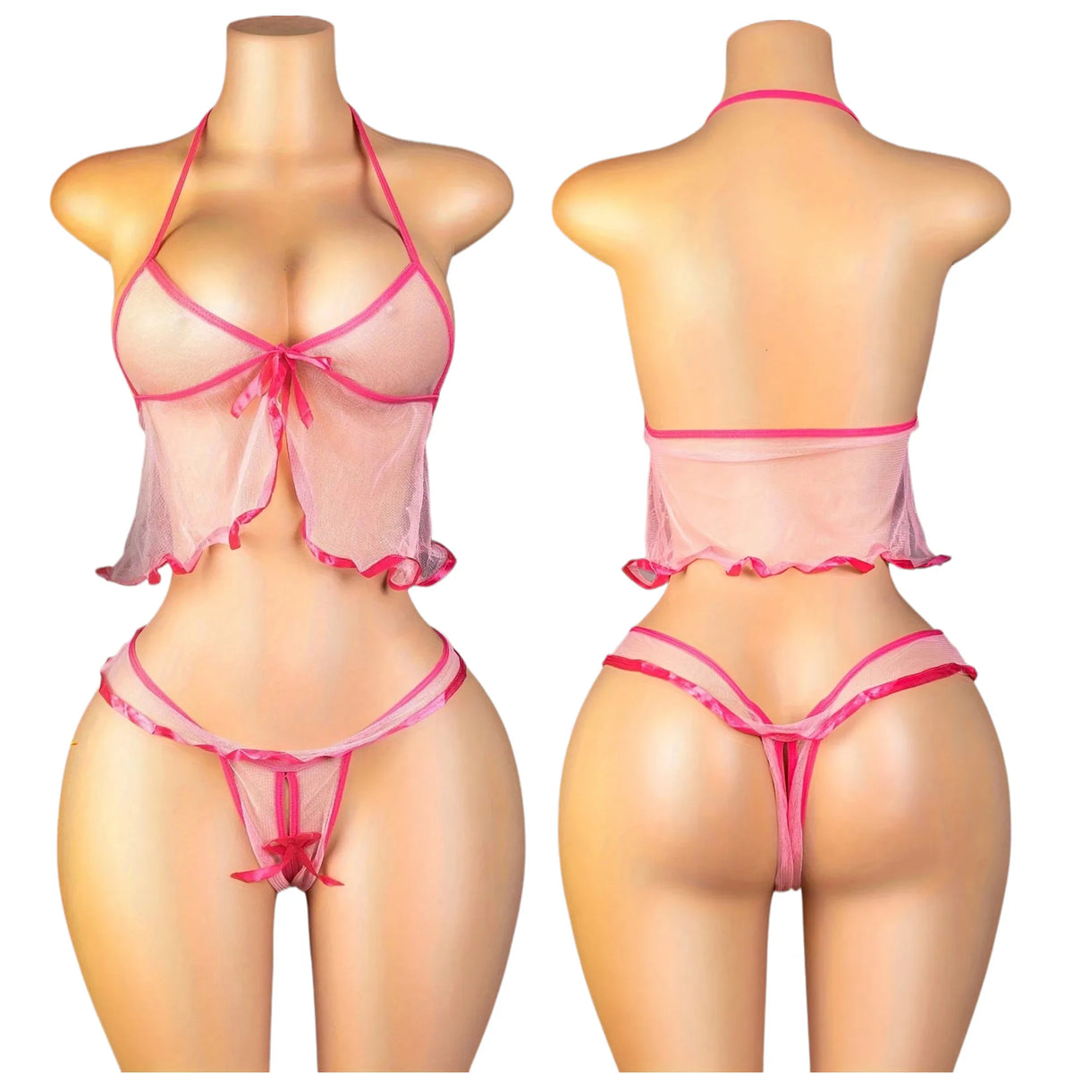 Women's Sexy Pink Mesh Underwear High Elasticity Fishnet Hollow Out Three Piece Open Crotch Babydoll Set Exotic Lingerie