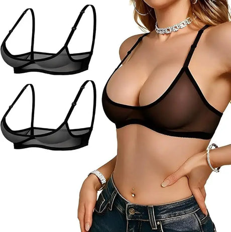Sexy Mesh Sheer Bra 2pcs Cutout Erotic Adjustable Bra Women Open Cup Bra Underwear Hollow Out Transparent Lingerie