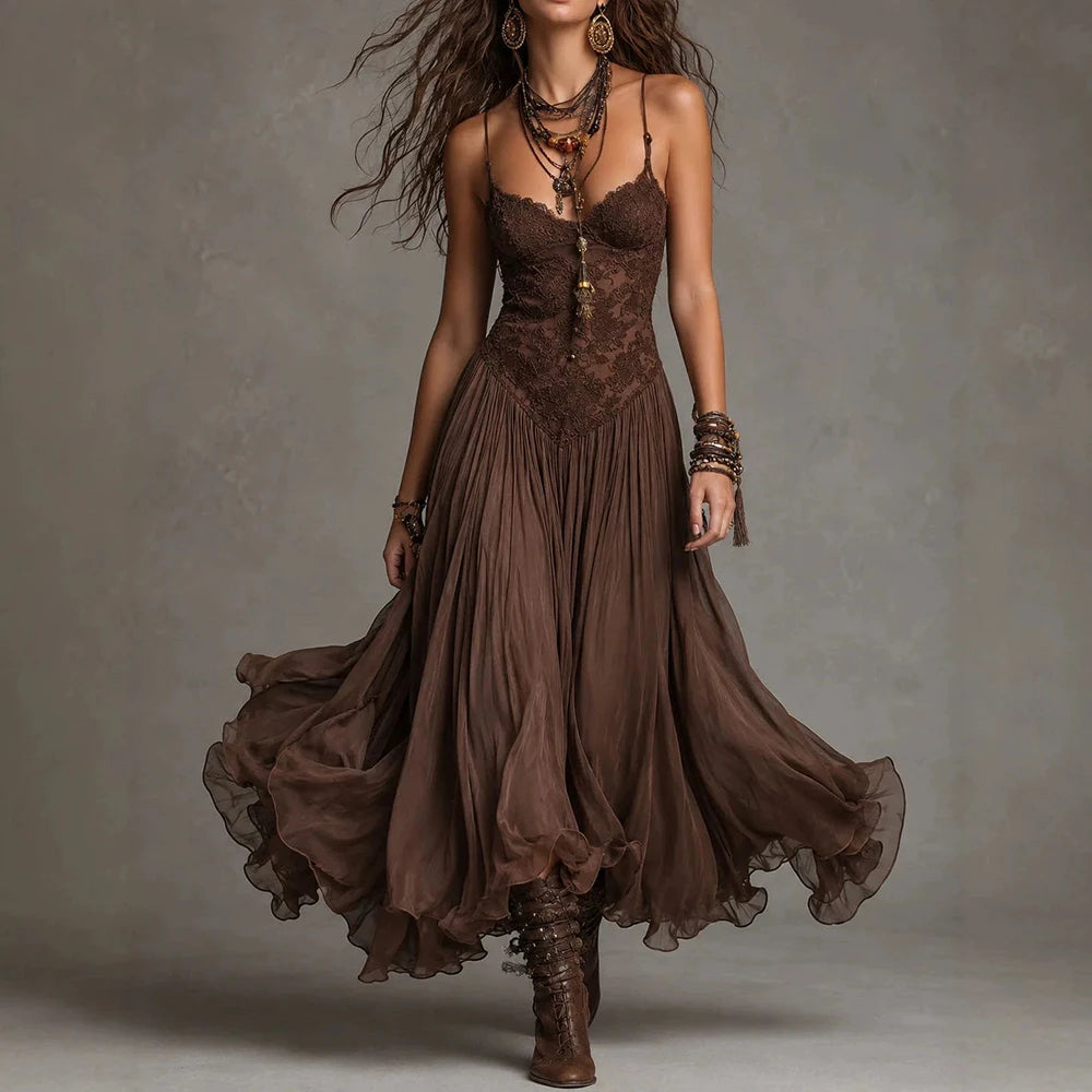 Women‘s Spaghetti Strap Lace Midi Boho Dress Sexy V Neck Ruched Flowy Mesh Sheer Dress Tiered Hem Western Vacation Party Dresses