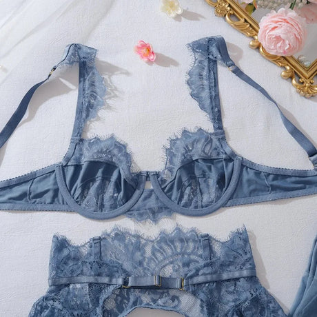 Women's Blue Lace Lingerie Set 4 Piece Bra Panty Garter Belt Stockings Underwire Adjustable Straps Sexy Romantic Nightwear 2026