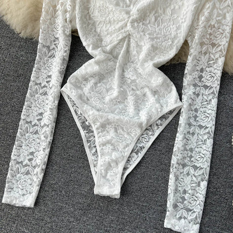 Sexy Mesh Lace Bodysuit Fashion Long Sleeve V-neck One Piece Basic Hotsweet Women Print Gothic Slim Streetwear Jumpsuit Ins