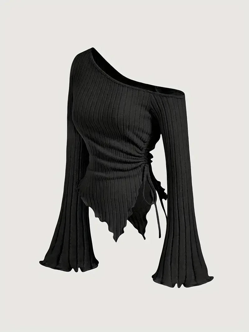 New Women'S Sexy Off Shoulder Cross Long Sleeved Slim T-Shirt Casual Street Style Asymmetrical Elegant T-Shirt Flare Sleeve Top