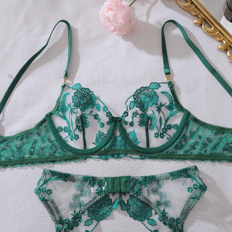 Heavy industry embroidery sequin red slim fit perspective high-end splicing gemstone decoration sexy lingerie four piece set