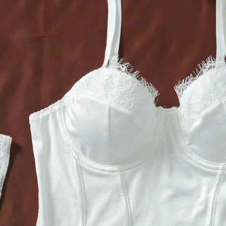 Women's White Corset Lingerie Set 4 Piece Underwire Dress Thong Panty Lace Gloves Stockings Sexy Nightwear Set Elegant Stretchy