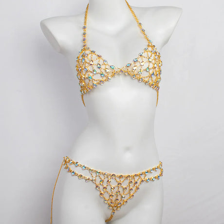 Sexy Mesh Crystal Jewelry Women Lingerie Set Bra Panties Bling Rhinestone Harness Multicolored Beach Body Chain