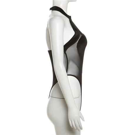 Flocking Heart Sexy Bodysuit Lingerie See Through Mesh One-pieces Body Feminino Sleeveless Bustier Black Tops Women Neck-mounted