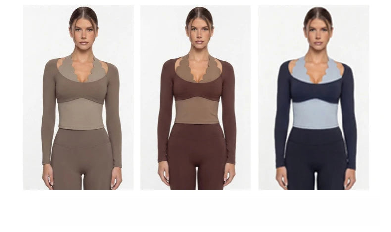 Gym Clothes Woman Color-blocking Lace Yoga Top Slim Fit Breathable Long Sleeve Sportswear Fitness Leggings Workout Athletic Wear