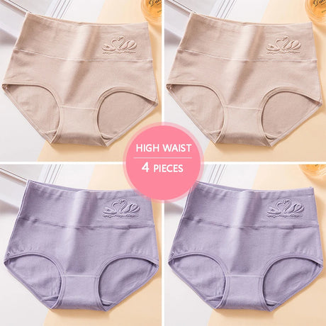 Plus Size M-5XL 4Pcs/Set High Waist Cotton Panties Women Body Shaper Underwear Soft Print Girls Briefs Slimming Female Lingerie