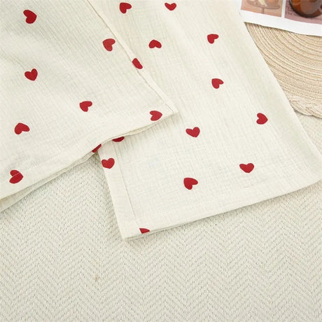 Summer New Love Heart Print Pyjama 100% Cotton Long Sleeve Set 2Pcs Outfit Lapel Sleepwear Button Down Women's Pajamas Nightwear