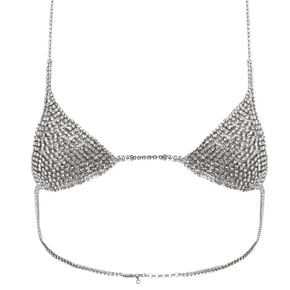 Stonefans Sexy Erotic Hollow Out Rave Lingerie Skirt Rhinestone Chest Necklace Women Shoulder Breast Summer Bra Accessories Gift