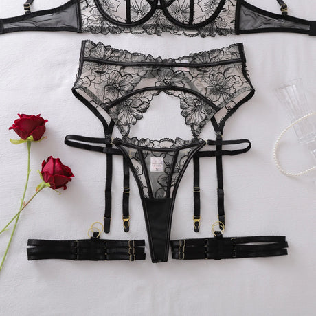 Ellolace French Women's Lingerie Fantasy Embroidered Bra Belt Thong with Leg Circles Elegant Floral Romantic Cute Miss Underwear