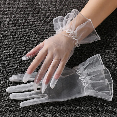 1 Pair Women's Lace Full Finger Gloves Fashion Short Tulle Elastic Etiquette Lotus Leaf Shears for Stylish Hand Protection