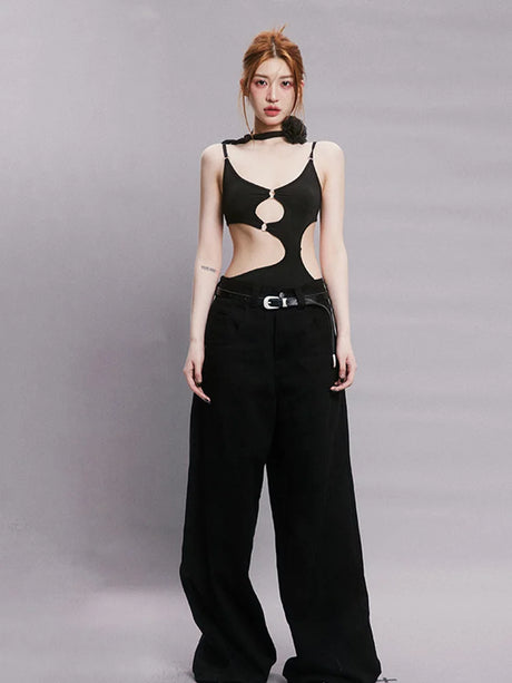 Women's Black Sleeveless V-Neck Spaghetti Strap Bodysuit Hollow out Rave Goth Outfit Back Hook Closure Punk Top