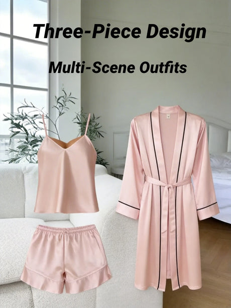 Simple Satin Pajama Set Long Sleeve Belted Robe V Neck Cami Top And Shorts Women's Sleepwear