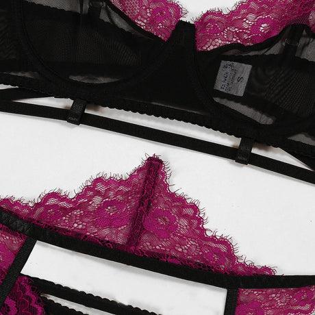 Eyelash Lace 3Pcs Lingerie Set Women Underwire Push Up Sheer Mesh Bra Hollow Strap Garter Belt Thigh Rings Valentine Honeymoon