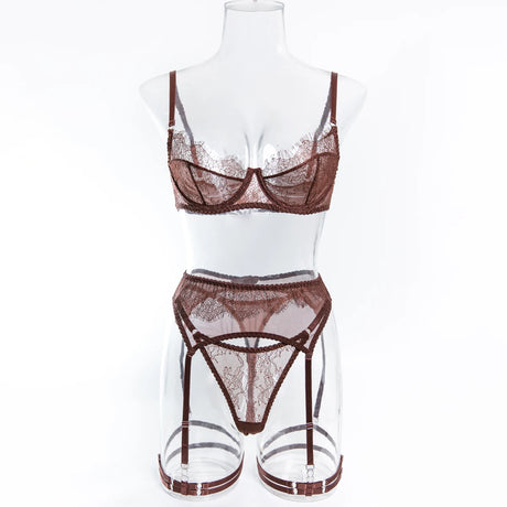 InstaBay Delicate Lace Lingerie 4 Pcs Sets Woman Mesh Patchwork See Through Bras And Thongs Garter Suits Erotic Intimate Outfit