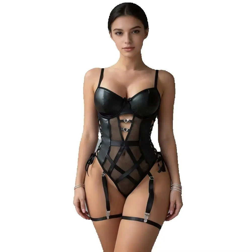 Mesh Bodysuit Glossy Panels Side Lace Up Heart Rings Garter Straps Teddy Lingerie for Layering Club Party Festival Date Night